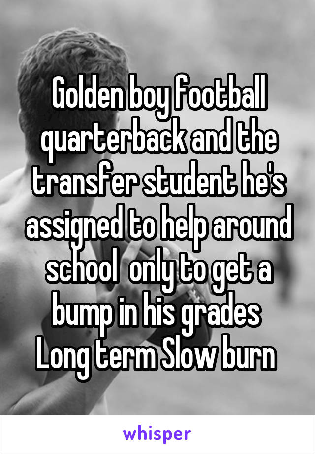 Golden boy football quarterback and the transfer student he's assigned to help around school  only to get a bump in his grades 
Long term Slow burn 