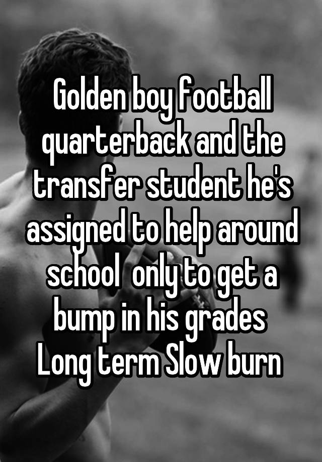 Golden boy football quarterback and the transfer student he's assigned to help around school  only to get a bump in his grades 
Long term Slow burn 