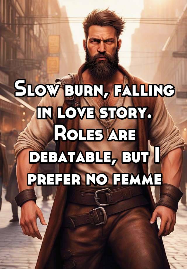 Slow burn, falling in love story. Roles are debatable, but I prefer no femme