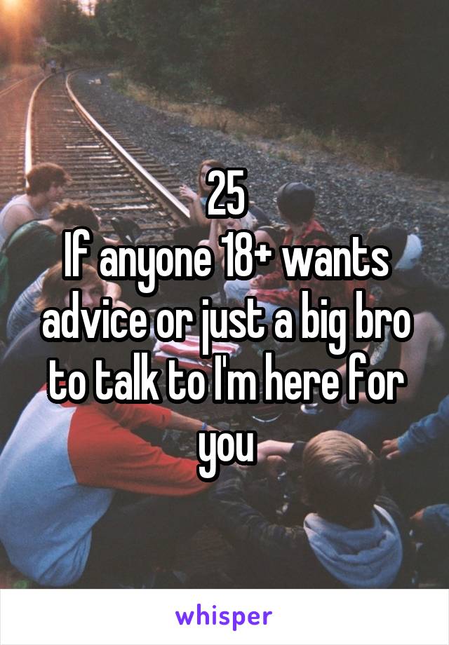 25
If anyone 18+ wants advice or just a big bro to talk to I'm here for you