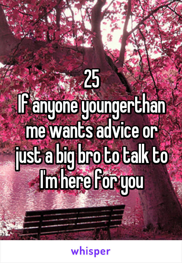 25
If anyone youngerthan me wants advice or just a big bro to talk to I'm here for you