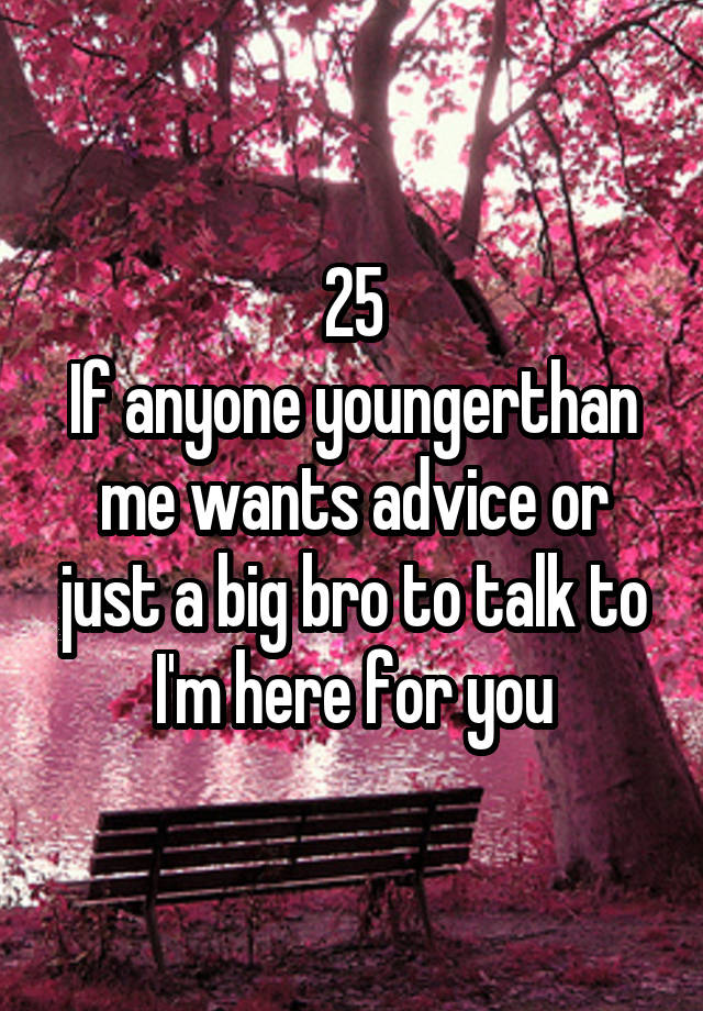 25
If anyone youngerthan me wants advice or just a big bro to talk to I'm here for you