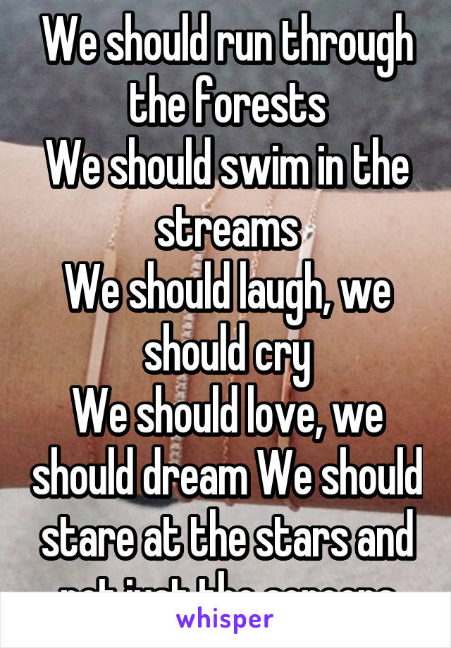 We should run through the forests
We should swim in the streams
We should laugh, we should cry
We should love, we should dream We should stare at the stars and not just the screens