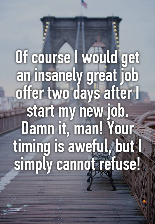 Of course I would get an insanely great job offer two days after I start my new job. Damn it, man! Your timing is aweful, but I simply cannot refuse!