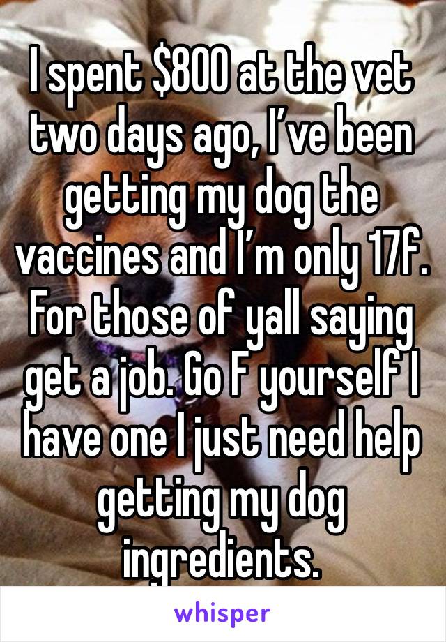 I spent $800 at the vet two days ago, I’ve been getting my dog the vaccines and I’m only 17f. For those of yall saying get a job. Go F yourself I have one I just need help getting my dog ingredients. 