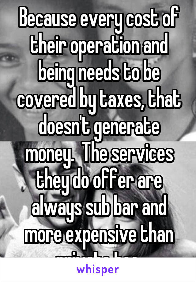 Because every cost of their operation and being needs to be covered by taxes, that doesn't generate money.  The services they do offer are always sub bar and more expensive than private too.