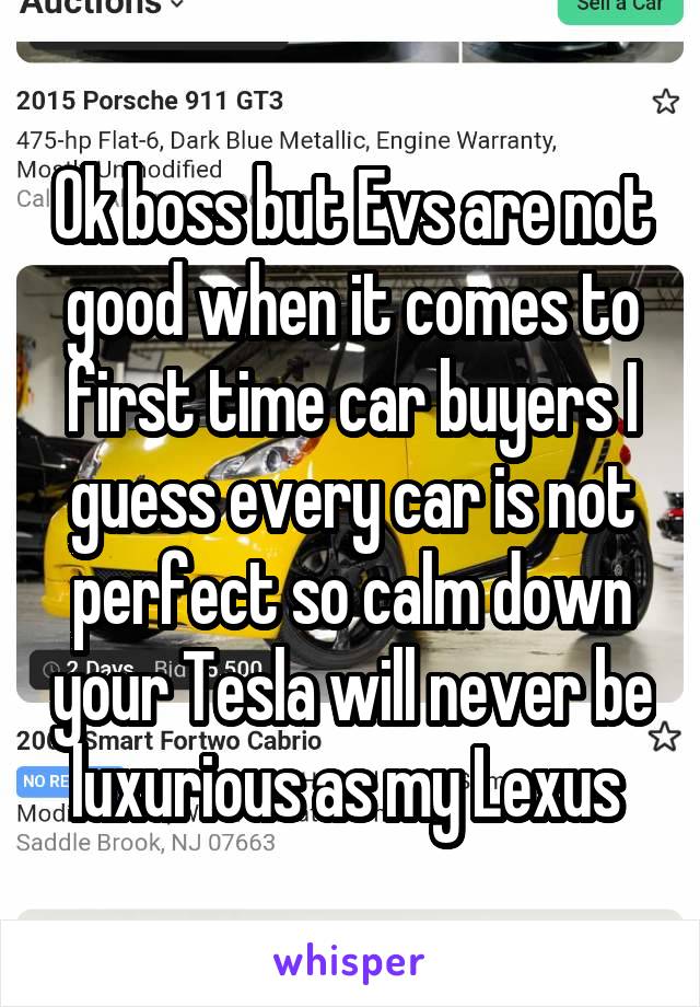 Ok boss but Evs are not good when it comes to first time car buyers I guess every car is not perfect so calm down your Tesla will never be luxurious as my Lexus 