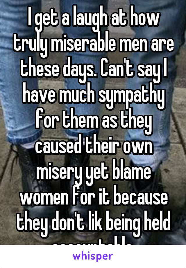 I get a laugh at how truly miserable men are these days. Can't say I have much sympathy for them as they caused their own misery yet blame women for it because they don't lik being held accountable 