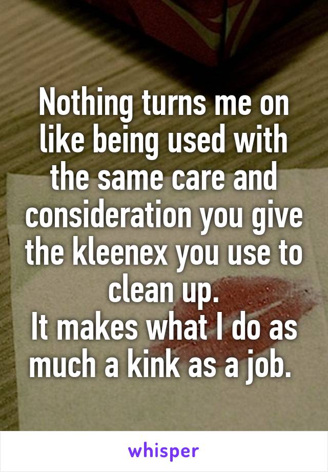 Nothing turns me on like being used with the same care and consideration you give the kleenex you use to clean up.
It makes what I do as much a kink as a job. 