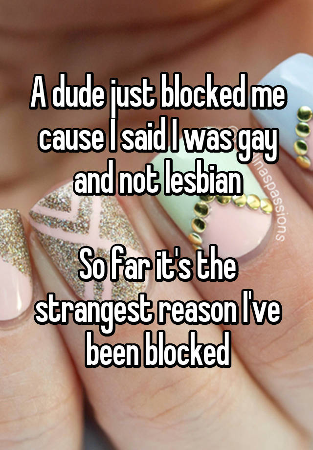 A dude just blocked me cause I said I was gay and not lesbian

So far it's the strangest reason I've been blocked