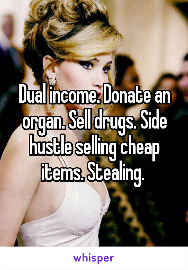 Dual income. Donate an organ. Sell drugs. Side hustle selling cheap items. Stealing. 