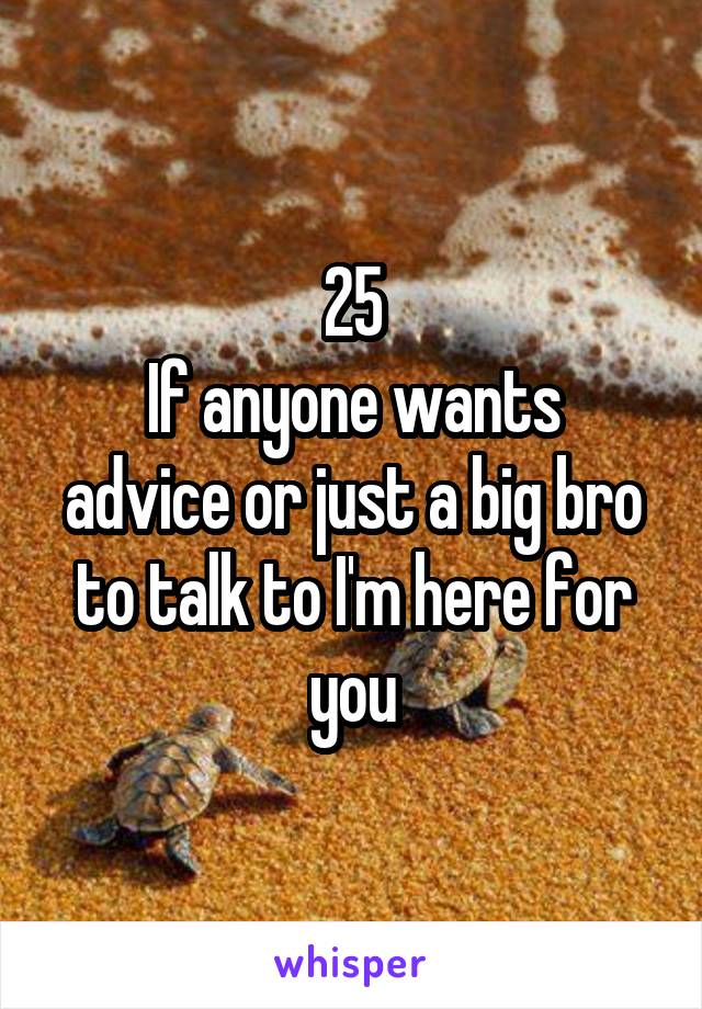 25
If anyone wants advice or just a big bro to talk to I'm here for you