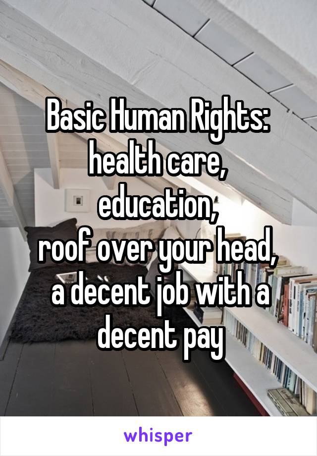 Basic Human Rights: 
health care, 
education, 
roof over your head, 
a decent job with a decent pay