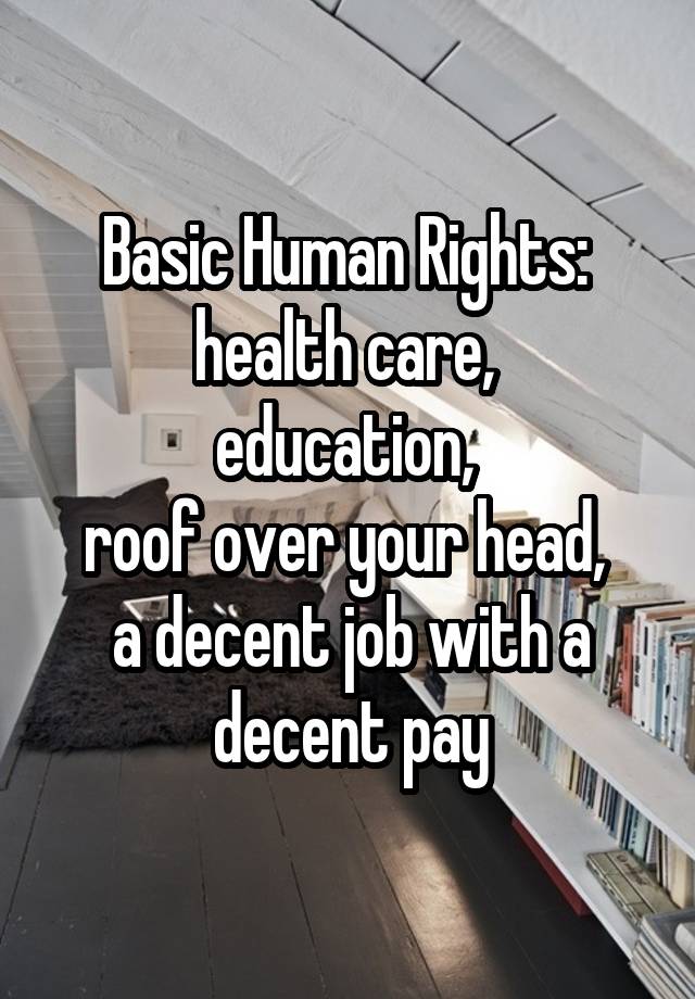 Basic Human Rights: 
health care, 
education, 
roof over your head, 
a decent job with a decent pay