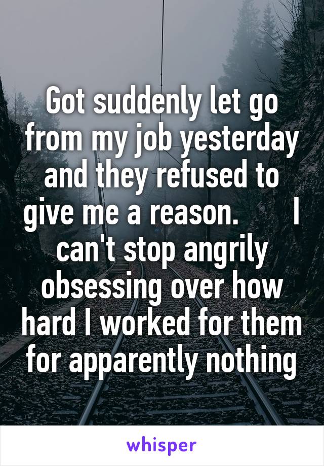 Got suddenly let go from my job yesterday and they refused to give me a reason.       I can't stop angrily obsessing over how hard I worked for them for apparently nothing