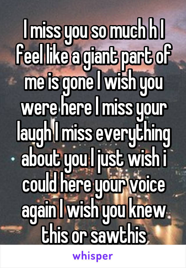 I miss you so much h I feel like a giant part of me is gone I wish you were here I miss your laugh I miss everything about you I just wish i could here your voice again I wish you knew this or sawthis