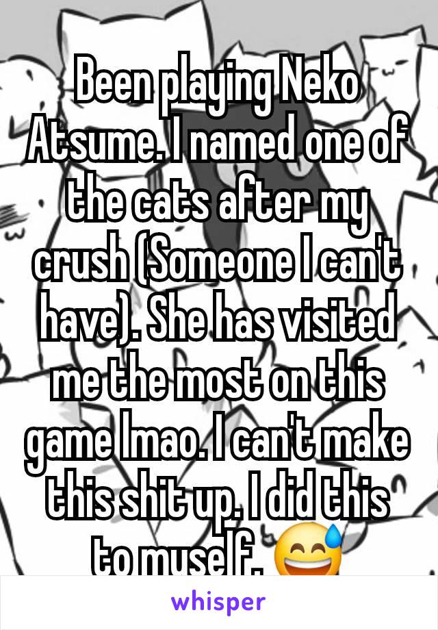 Been playing Neko Atsume. I named one of the cats after my crush (Someone I can't have). She has visited me the most on this game lmao. I can't make this shit up. I did this to myself. 😅