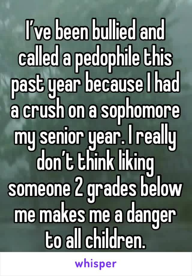 I’ve been bullied and called a pedophile this past year because I had a crush on a sophomore my senior year. I really don’t think liking someone 2 grades below me makes me a danger to all children. 