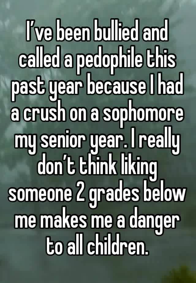 I’ve been bullied and called a pedophile this past year because I had a crush on a sophomore my senior year. I really don’t think liking someone 2 grades below me makes me a danger to all children. 