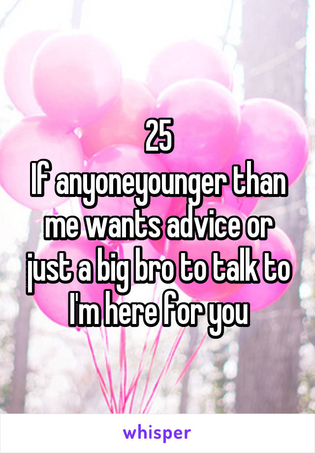 25
If anyoneyounger than me wants advice or just a big bro to talk to I'm here for you