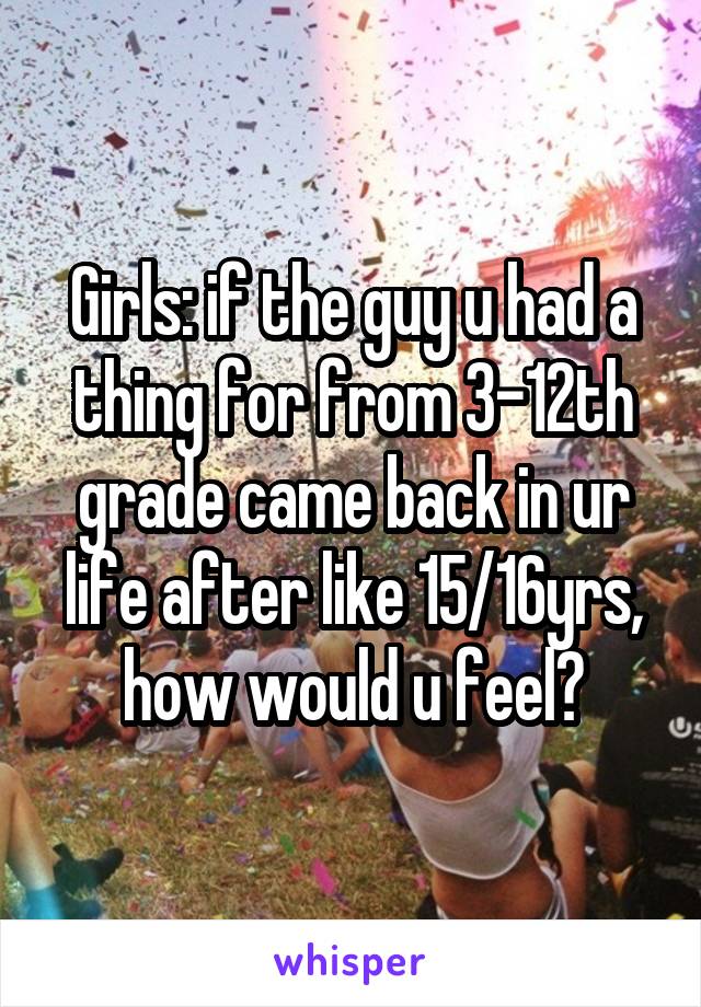 Girls: if the guy u had a thing for from 3-12th grade came back in ur life after like 15/16yrs, how would u feel?