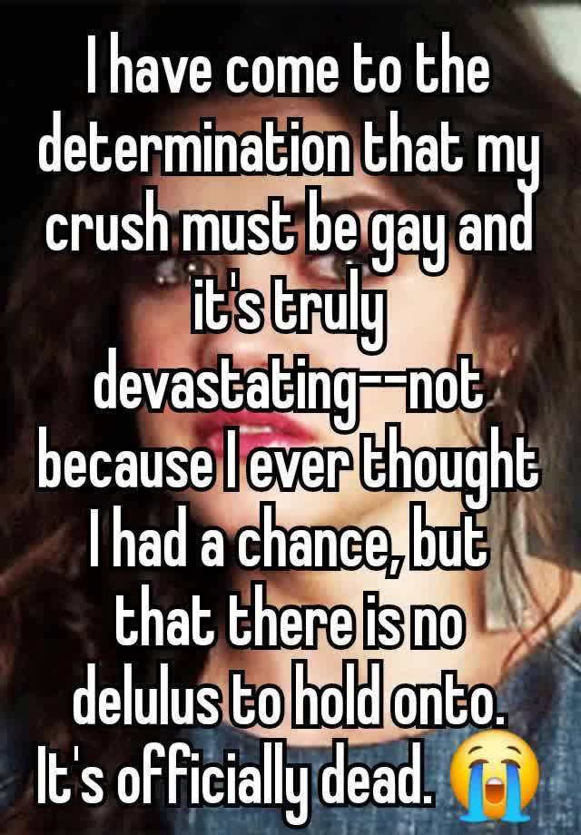 I have come to the determination that my crush must be gay and it's truly devastating--not because I ever thought I had a chance, but that there is no delulus to hold onto. It's officially dead. 😭