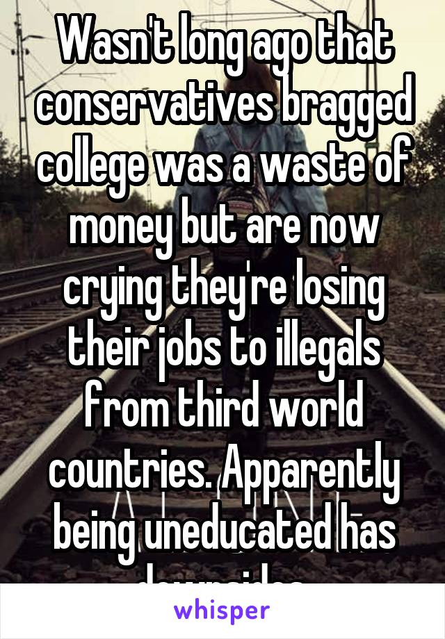 Wasn't long ago that conservatives bragged college was a waste of money but are now crying they're losing their jobs to illegals from third world countries. Apparently being uneducated has downsides.