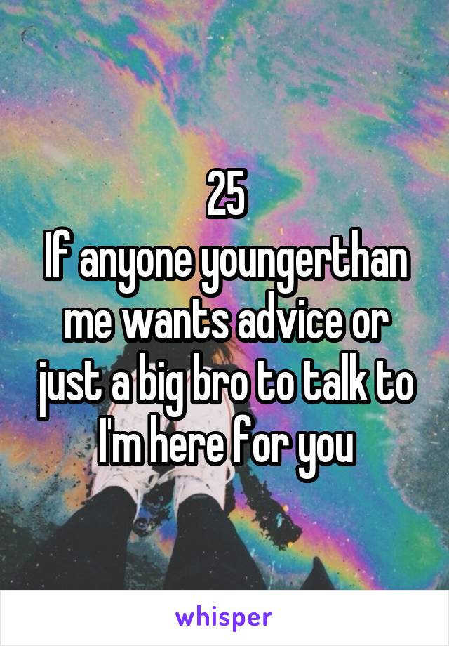 25
If anyone youngerthan me wants advice or just a big bro to talk to I'm here for you