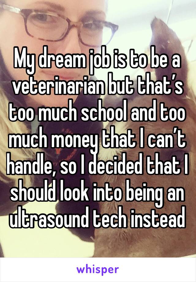 My dream job is to be a veterinarian but that’s too much school and too much money that I can’t handle, so I decided that I should look into being an ultrasound tech instead 