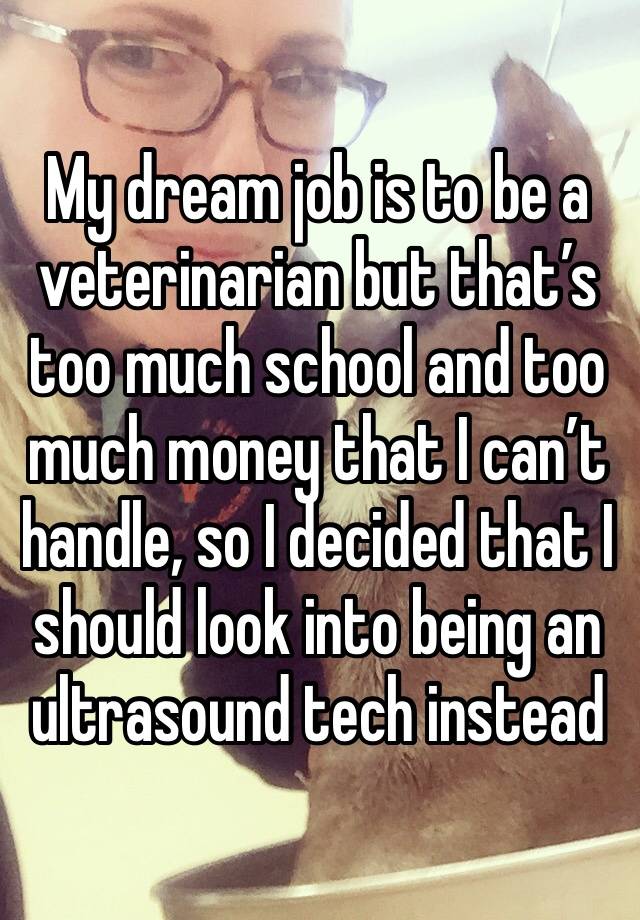 My dream job is to be a veterinarian but that’s too much school and too much money that I can’t handle, so I decided that I should look into being an ultrasound tech instead 