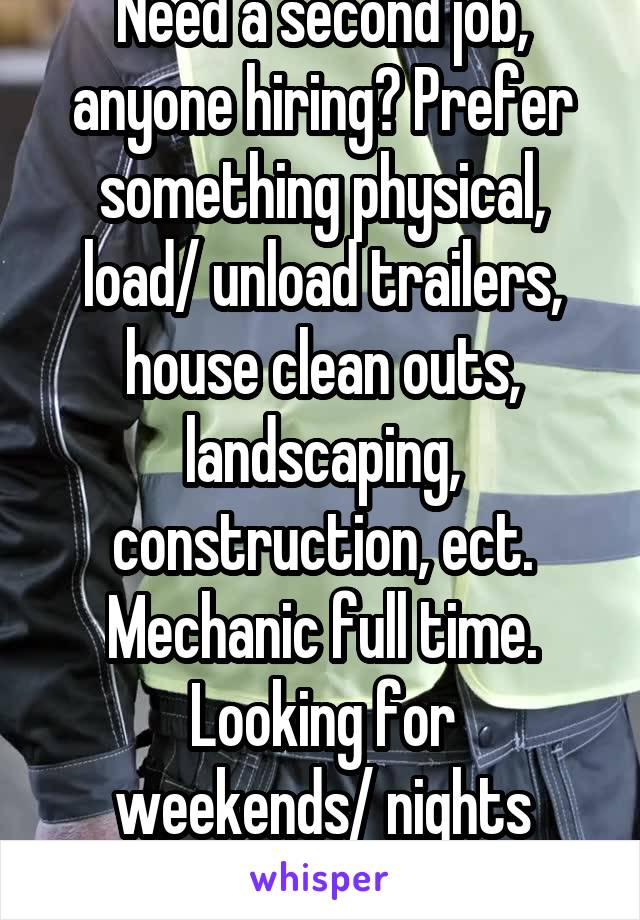 Need a second job, anyone hiring? Prefer something physical, load/ unload trailers, house clean outs, landscaping, construction, ect. Mechanic full time.
Looking for weekends/ nights part-time