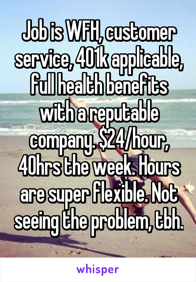 Job is WFH, customer service, 401k applicable, full health benefits with a reputable company. $24/hour, 40hrs the week. Hours are super flexible. Not seeing the problem, tbh. 