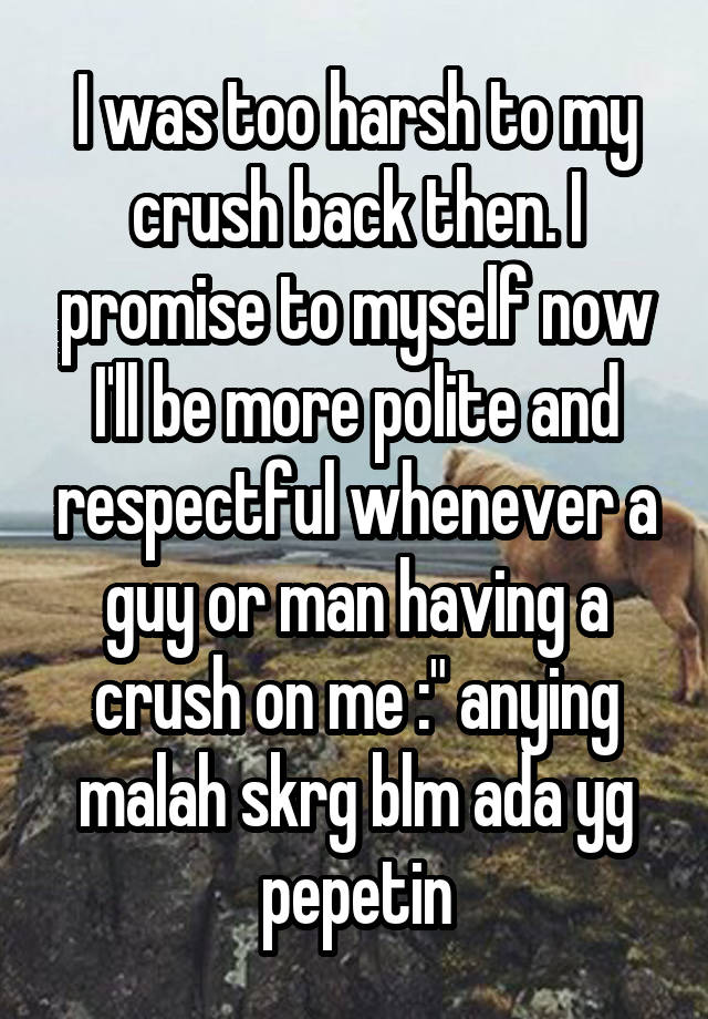 I was too harsh to my crush back then. I promise to myself now I'll be more polite and respectful whenever a guy or man having a crush on me :" anying malah skrg blm ada yg pepetin