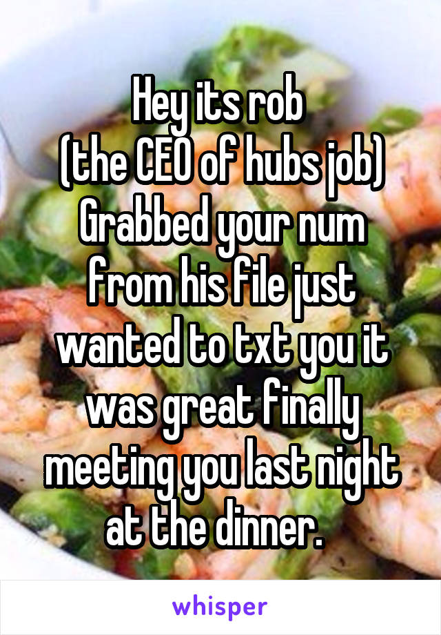 Hey its rob 
(the CEO of hubs job)
Grabbed your num from his file just wanted to txt you it was great finally meeting you last night at the dinner.  