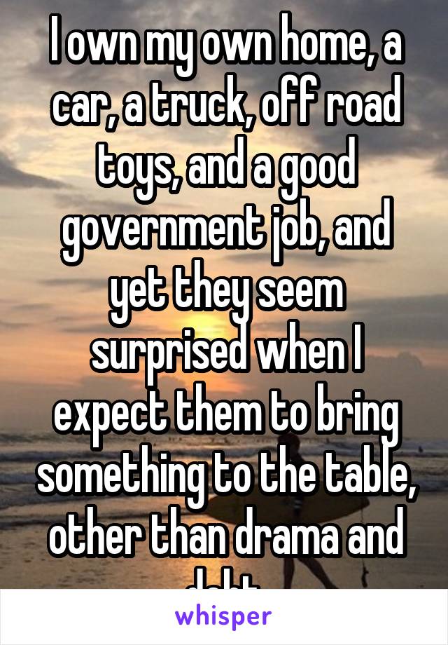 I own my own home, a car, a truck, off road toys, and a good government job, and yet they seem surprised when I expect them to bring something to the table, other than drama and debt.