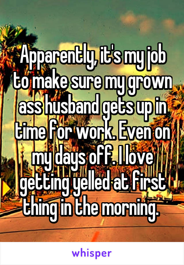 Apparently, it's my job to make sure my grown ass husband gets up in time for work. Even on my days off. I love getting yelled at first thing in the morning. 