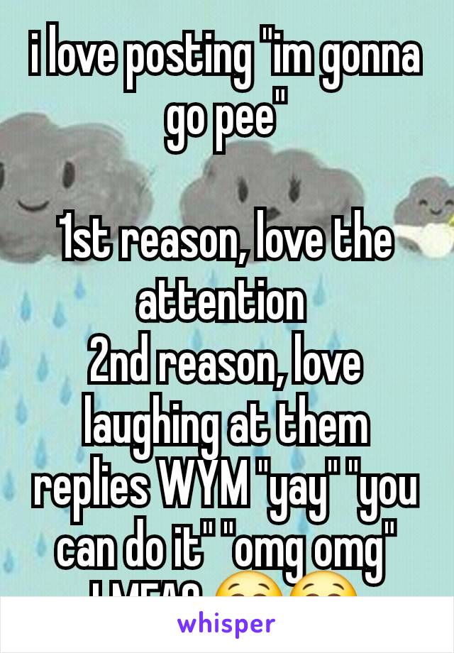 i love posting "im gonna go pee"

1st reason, love the attention 
2nd reason, love laughing at them replies WYM "yay" "you can do it" "omg omg" LMFAO 😭😭