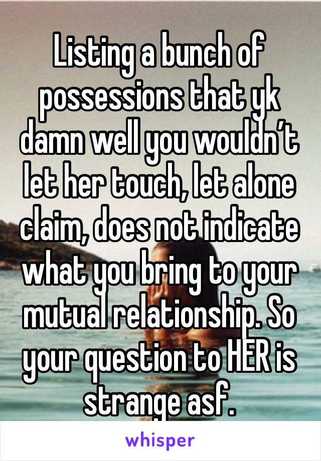 Listing a bunch of possessions that yk damn well you wouldn’t let her touch, let alone claim, does not indicate what you bring to your mutual relationship. So your question to HER is strange asf.