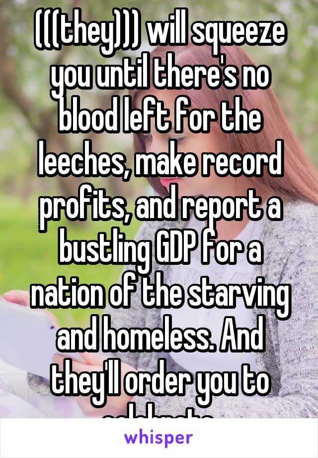 (((they))) will squeeze you until there's no blood left for the leeches, make record profits, and report a bustling GDP for a nation of the starving and homeless. And they'll order you to celebrate.