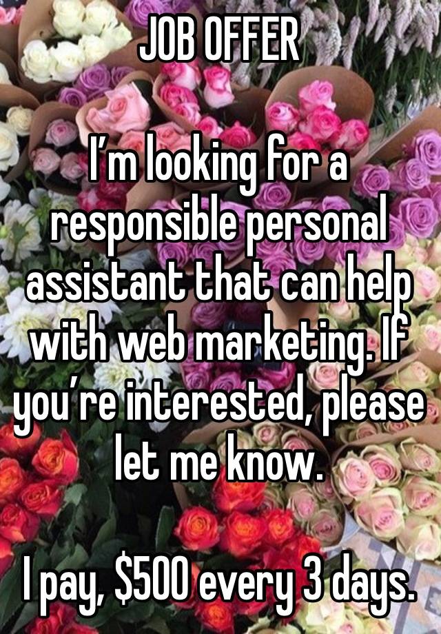 JOB OFFER 

I’m looking for a responsible personal assistant that can help with web marketing. If you’re interested, please let me know.

I pay, $500 every 3 days.