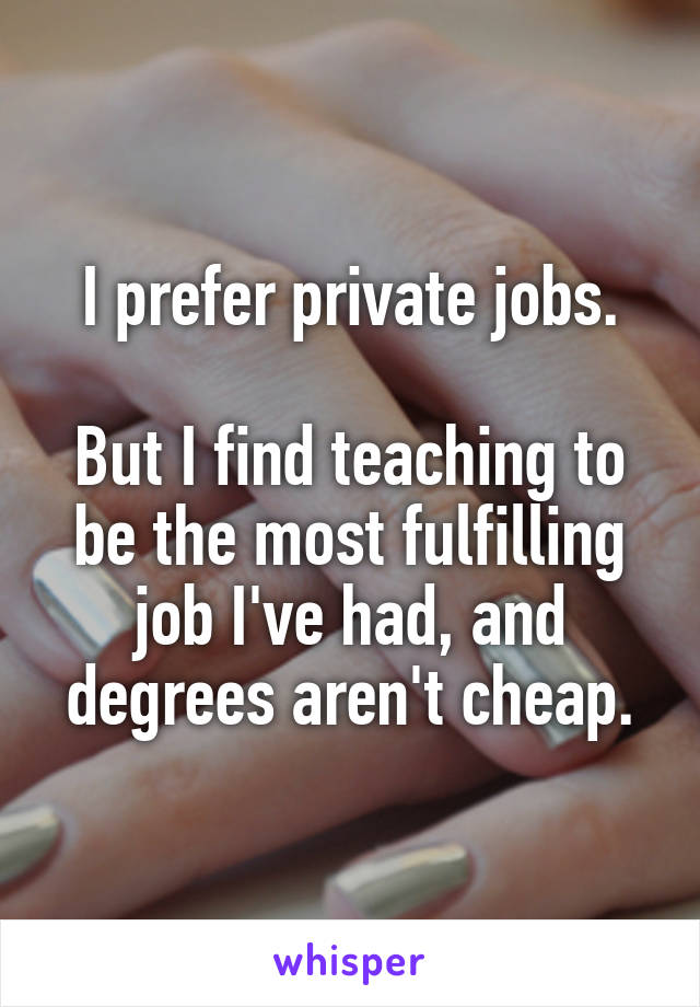 I prefer private jobs.

But I find teaching to be the most fulfilling job I've had, and degrees aren't cheap.