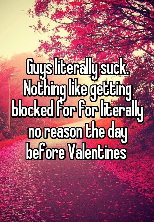 Guys literally suck. Nothing like getting blocked for for literally no reason the day before Valentines 