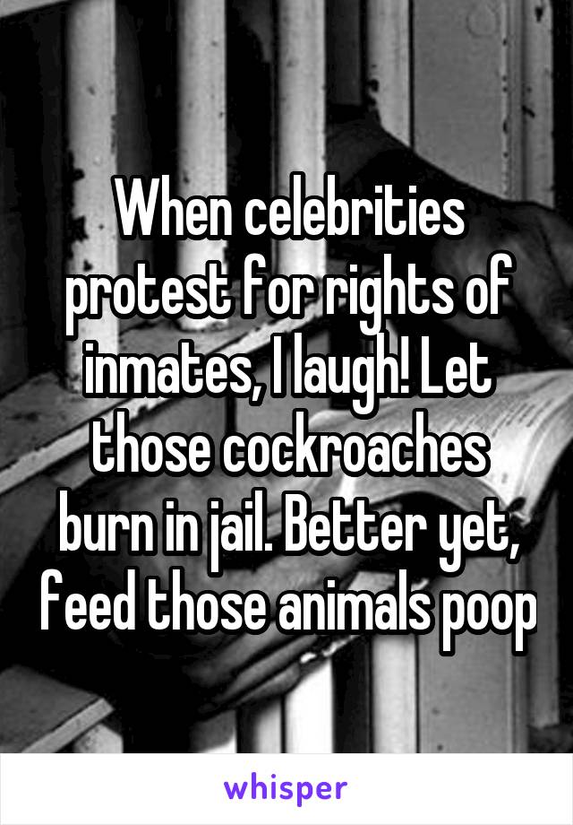 When celebrities protest for rights of inmates, I laugh! Let those cockroaches burn in jail. Better yet, feed those animals poop