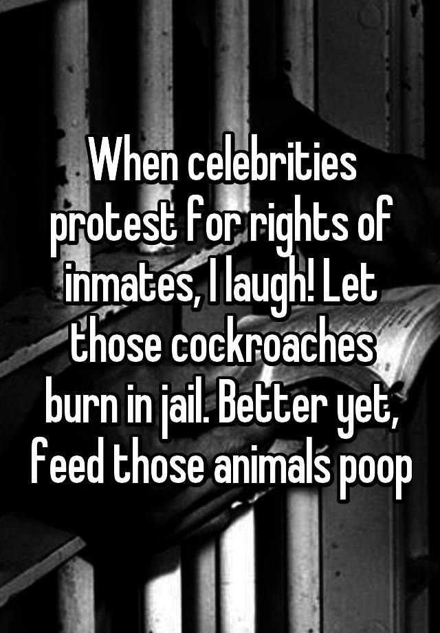 When celebrities protest for rights of inmates, I laugh! Let those cockroaches burn in jail. Better yet, feed those animals poop