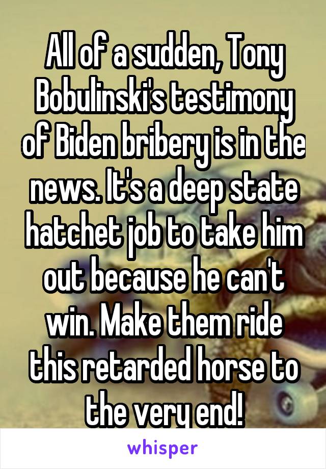 All of a sudden, Tony Bobulinski's testimony of Biden bribery is in the news. It's a deep state hatchet job to take him out because he can't win. Make them ride this retarded horse to the very end!