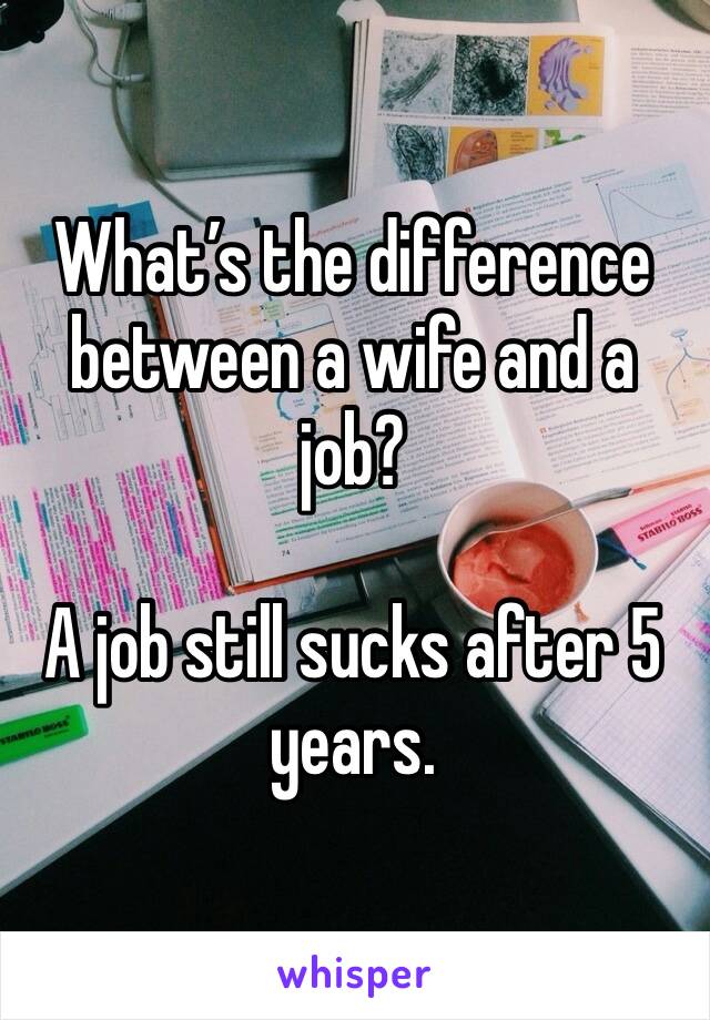 What’s the difference between a wife and a job?

A job still sucks after 5 years. 