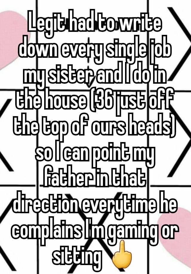 Legit had to write down every single job my sister and I do in the house (36 just off the top of ours heads) so I can point my father in that direction everytime he complains I'm gaming or sitting 🖕