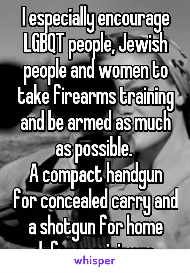 I especially encourage LGBQT people, Jewish people and women to take firearms training and be armed as much as possible. 
A compact handgun for concealed carry and a shotgun for home defense minimum 