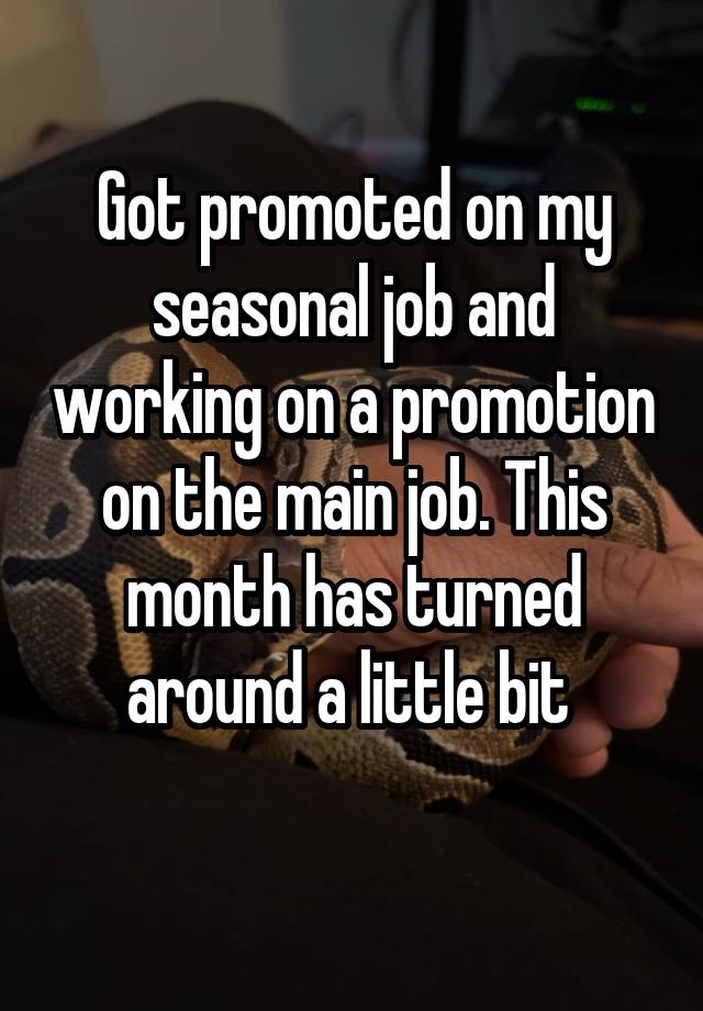 Got promoted on my seasonal job and working on a promotion on the main job. This month has turned around a little bit 
