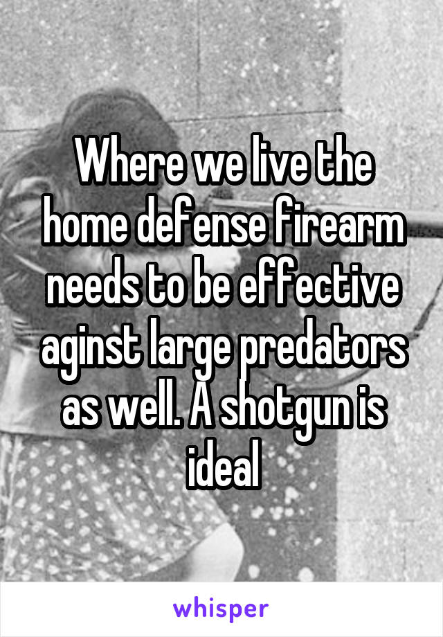 Where we live the home defense firearm needs to be effective aginst large predators as well. A shotgun is ideal